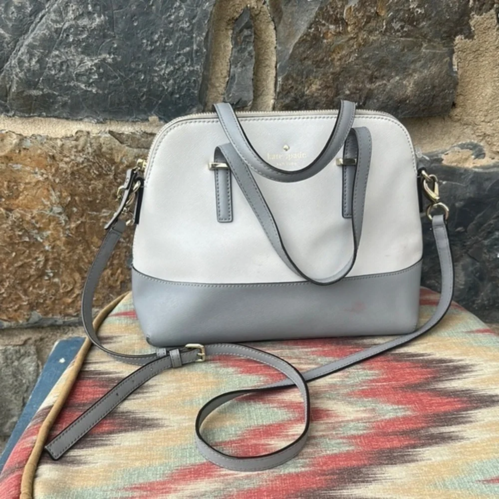 Kate Spade 'Maise' Two Way Color Block Cream & Gray Satchel Bag Saffiano Leather
